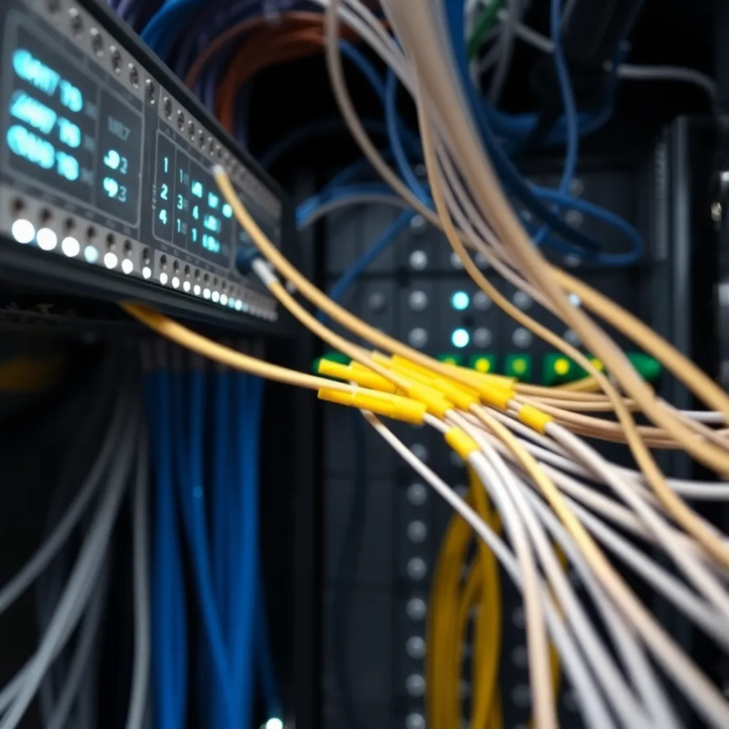 Fiber optic network installation project showing cable management and termination points