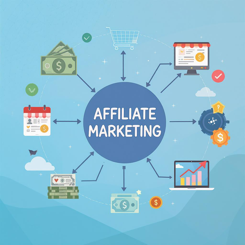 Visual representation of affiliate marketing; interconnected money and online shopping icons