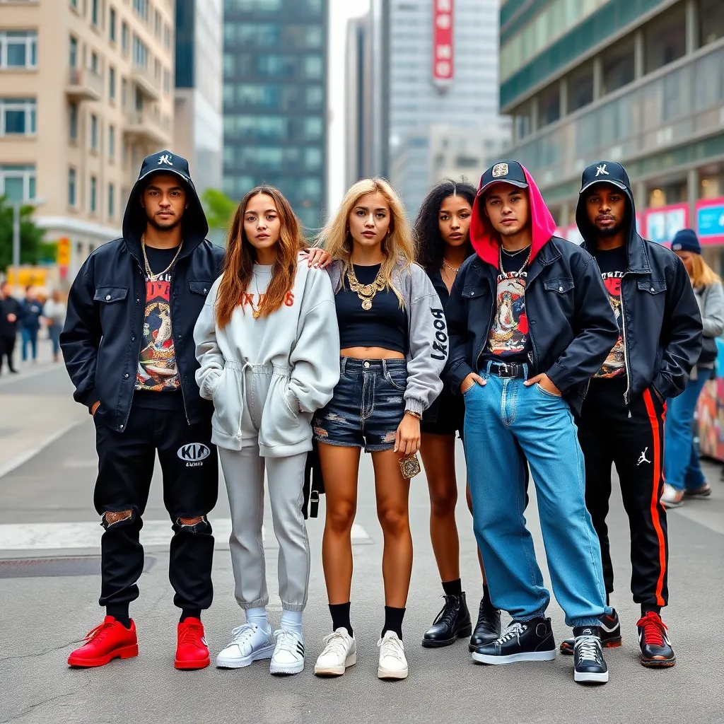 Trendy streetwear fashion collection displayed on urban backdrop