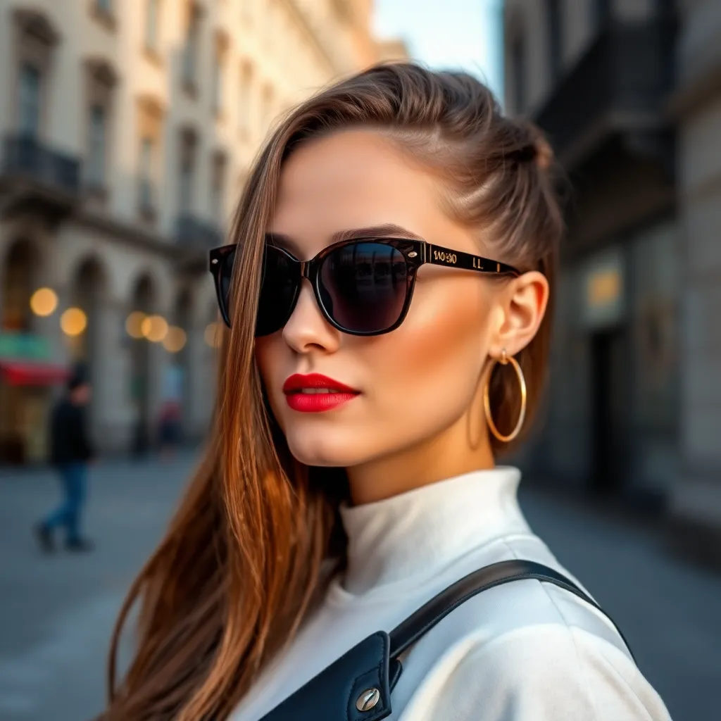 Portrait of stylish young woman in designer sunglasses with city background