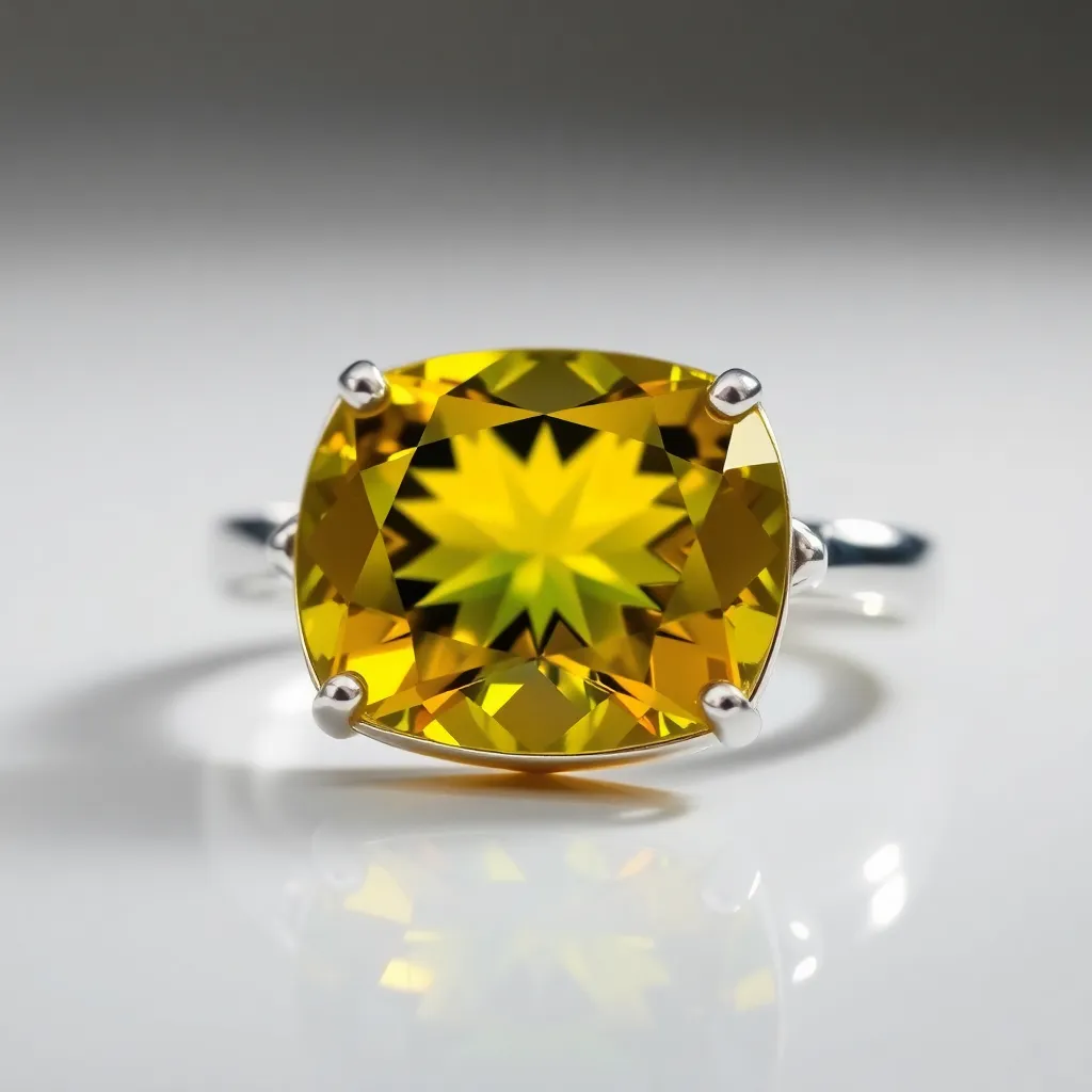 Radiant yellow sapphire gemstone shining brightly in a sterling silver ring setting, captured under studio lighting highlighting golden hues and crystal clarity