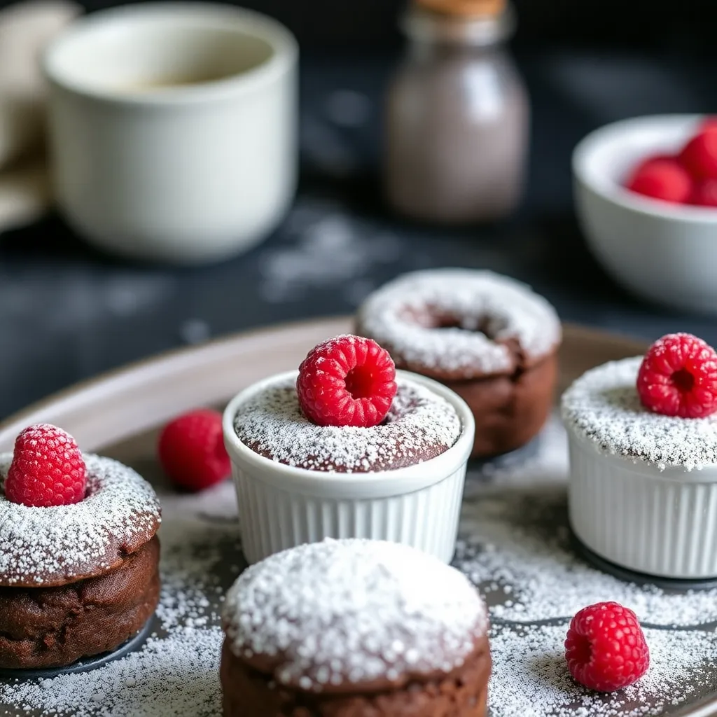 Chocolate lava cakes with powdered sugar and raspberry garnish