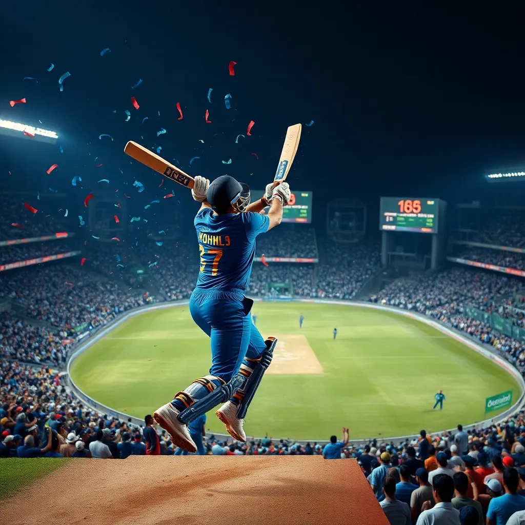 Dynamic action shot of Indian cricketer Virat Kohli smashing boundaries against Pakistani bowler, stadium packed with fans in dramatic lighting with blue and red confetti falling, scoreboard showing high scores in glowing red numbers, aerial view with crowds chanting energetically