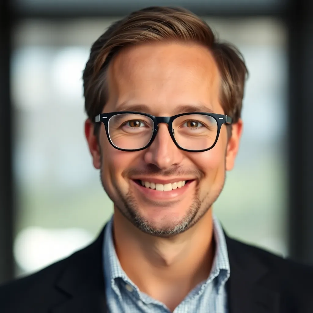 Portrait of David W, startup founder with glasses smiling