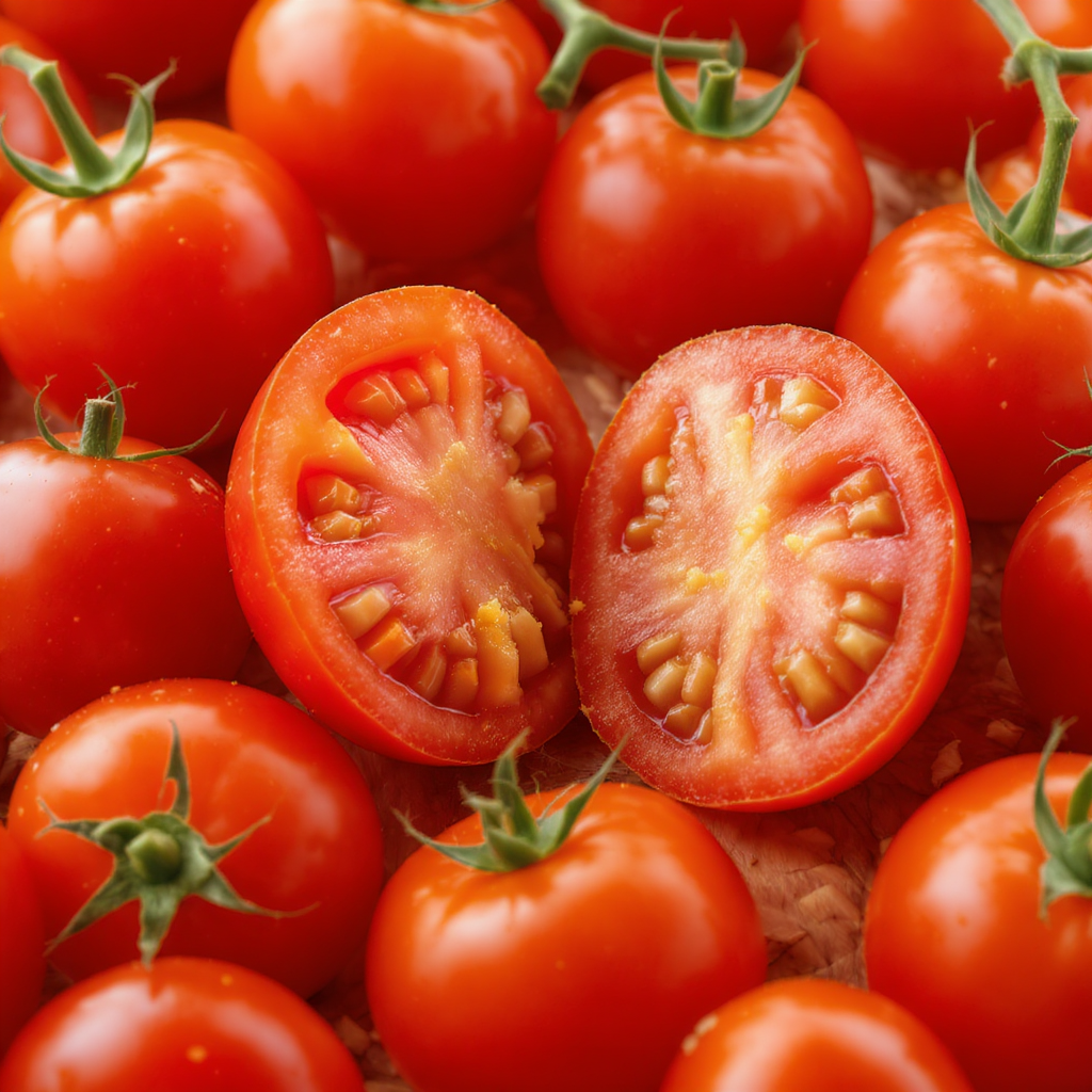 Tomates rouges rondes et charnues coupées en deux montrant leur texture juteuse
