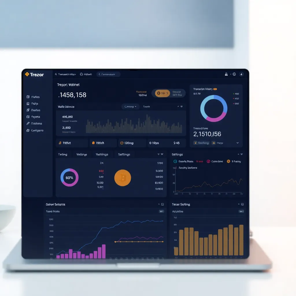 Detailed screenshot of Trezor Suite interface showing dashboard with wallet balances, transaction history, and security settings in a clean digital environment with charts and graphs for portfolio tracking