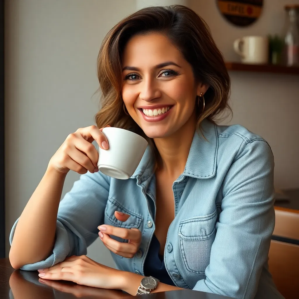 Cliente feliz: mujer sonriente con cabello castaño disfrutando su café