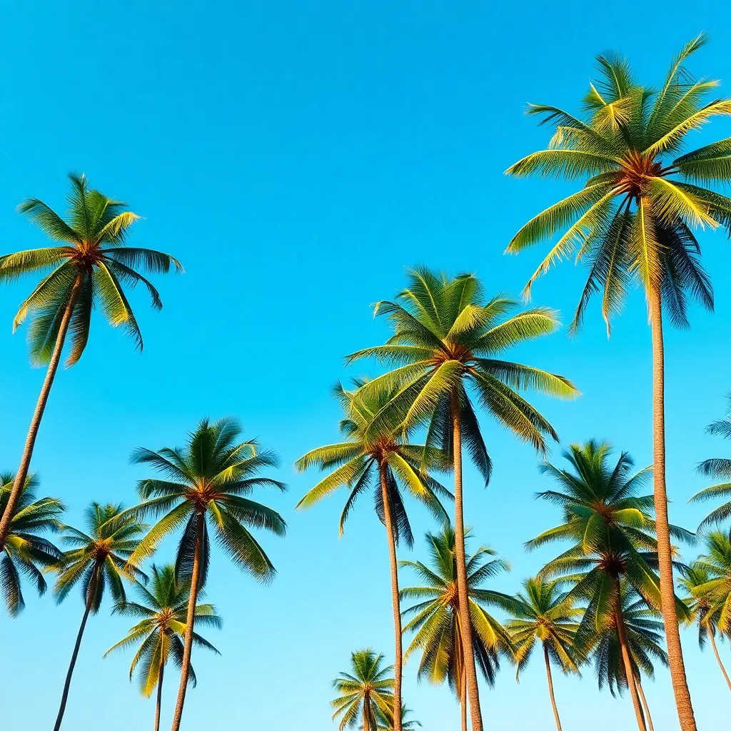 Tall coconut palm trees with green tops silhouetted against a blue sky, representing Tamil Nadu's state tree