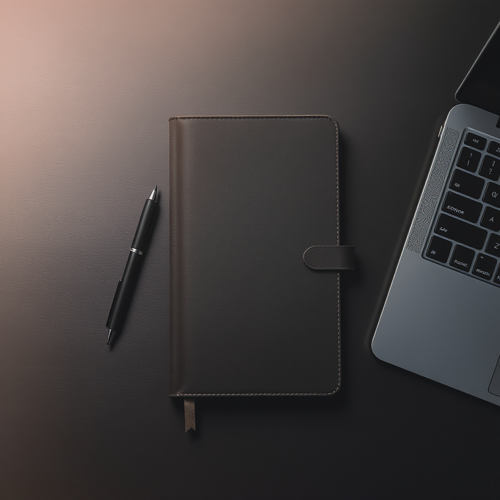 Clean workspace top-down shot with notebook, pen, and laptop on a dark desk surface, soft gradient lighting