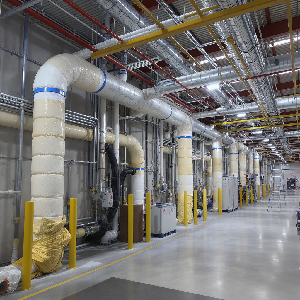 Modern industrial facility with exposed insulated pipes and mechanical systems showing professional insulation work in bright industrial lighting