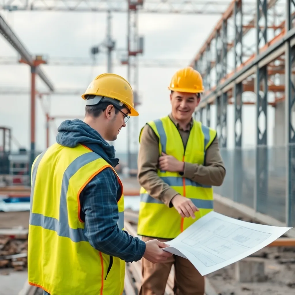 Equipo de construcción en obra revisando planos con casco de seguridad
