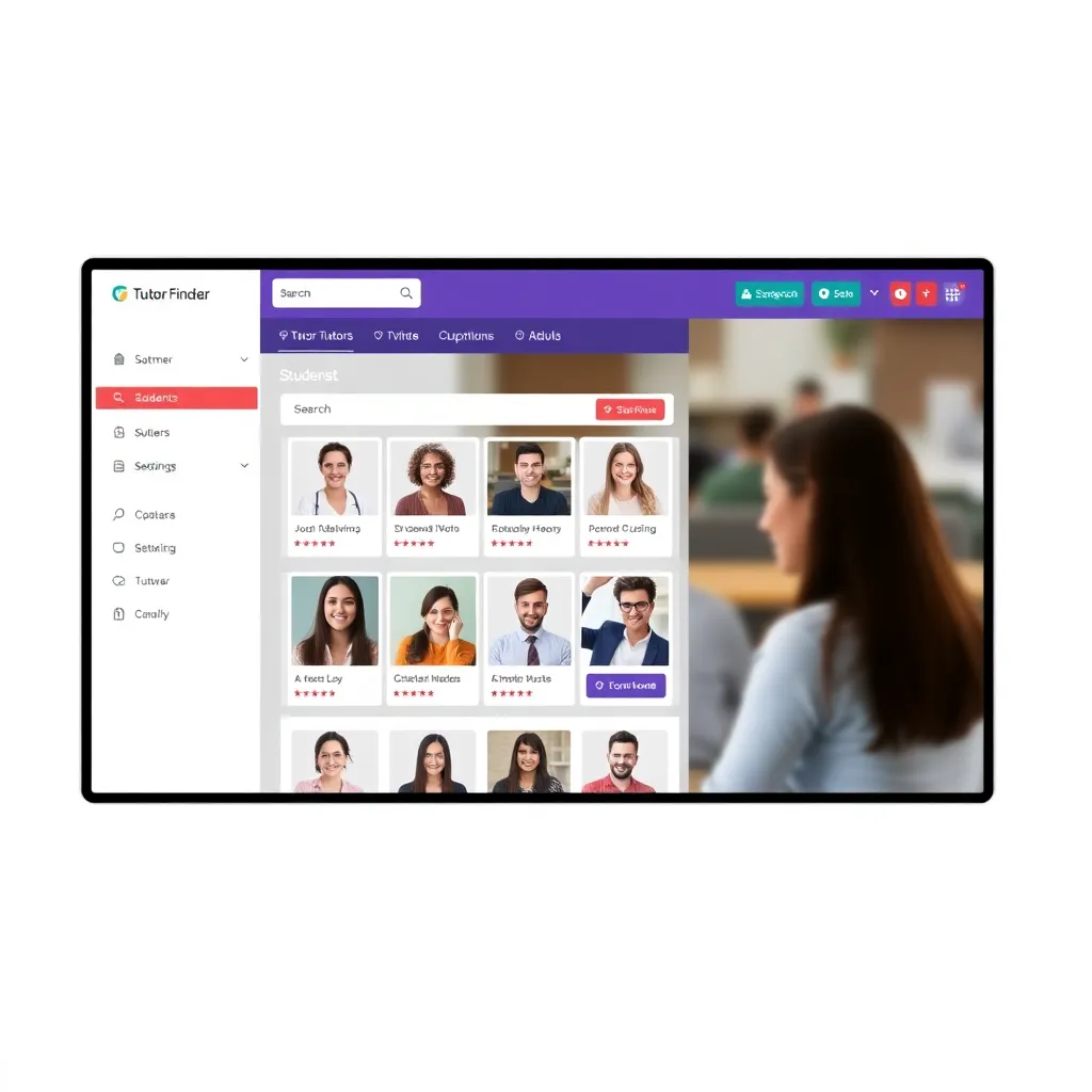 Screenshot or mockup of Tutor Finder platform, showing students browsing tutors with search interface and chat features