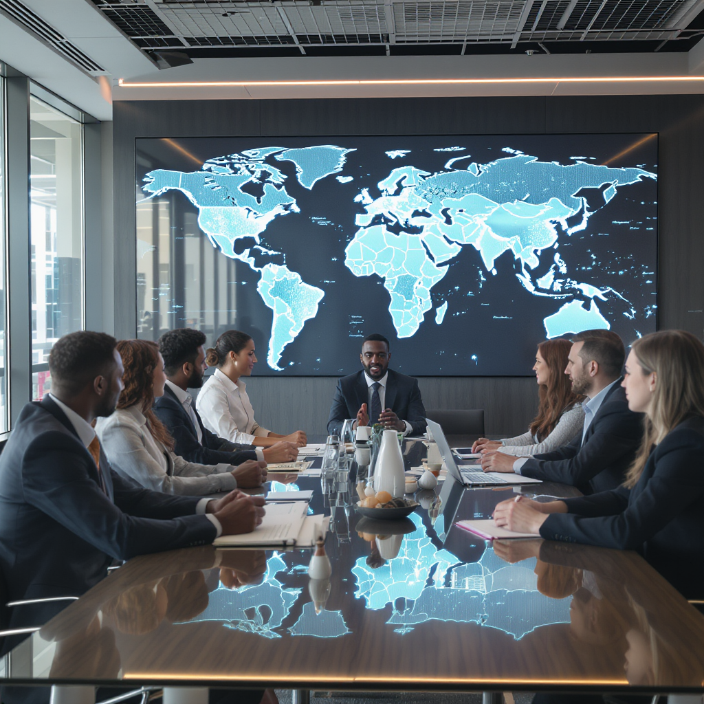 Diverse team of recruitment professionals collaborating in modern office with world map showing global reach