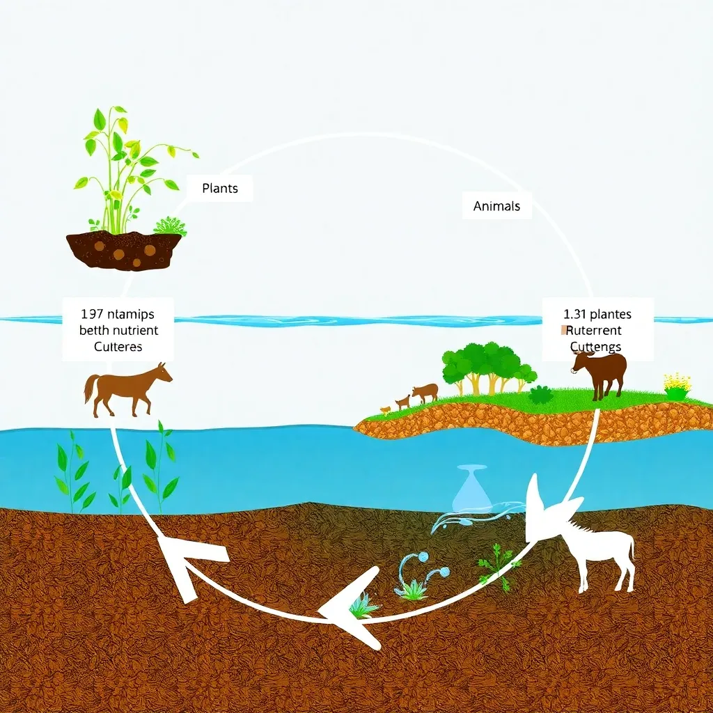 Diagram showing nutrient cycling between plants, animals, soil and water
