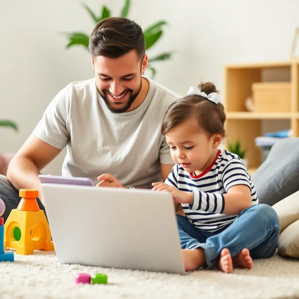 Parent working while child plays nearby