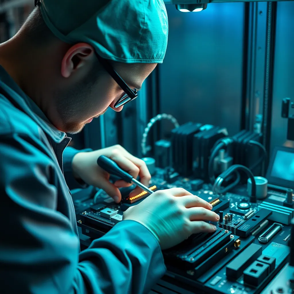 Técnico trabajando en el mantenimiento de un procesador en una placa base, con herramientas de precisión y luces LED azules para enfoque en tecnología moderna.