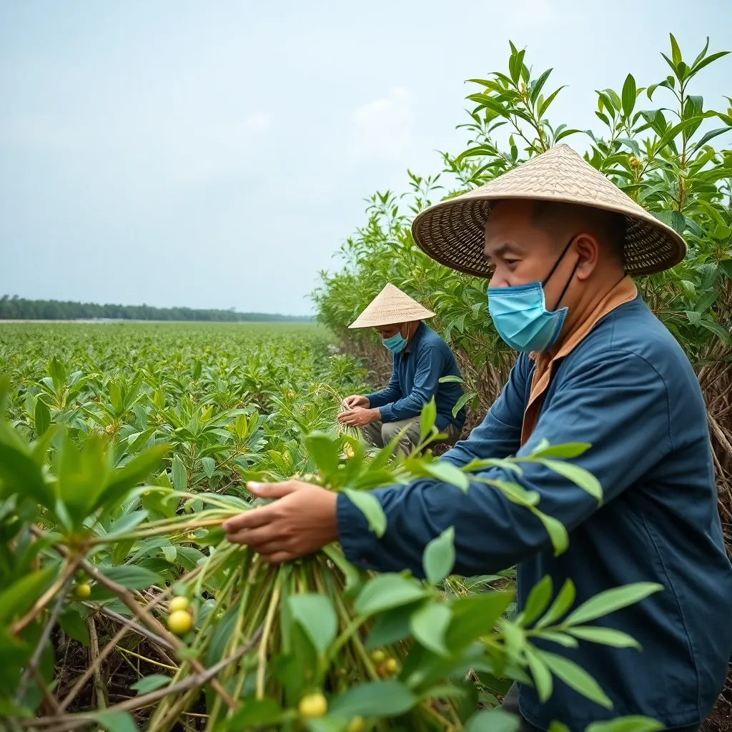 Kelompok orang memakai masker sedang menanam pohon mangrove di area pesisir berlumpur, lingkungan penuh tanaman hijau dan suasana kerja gotong royong