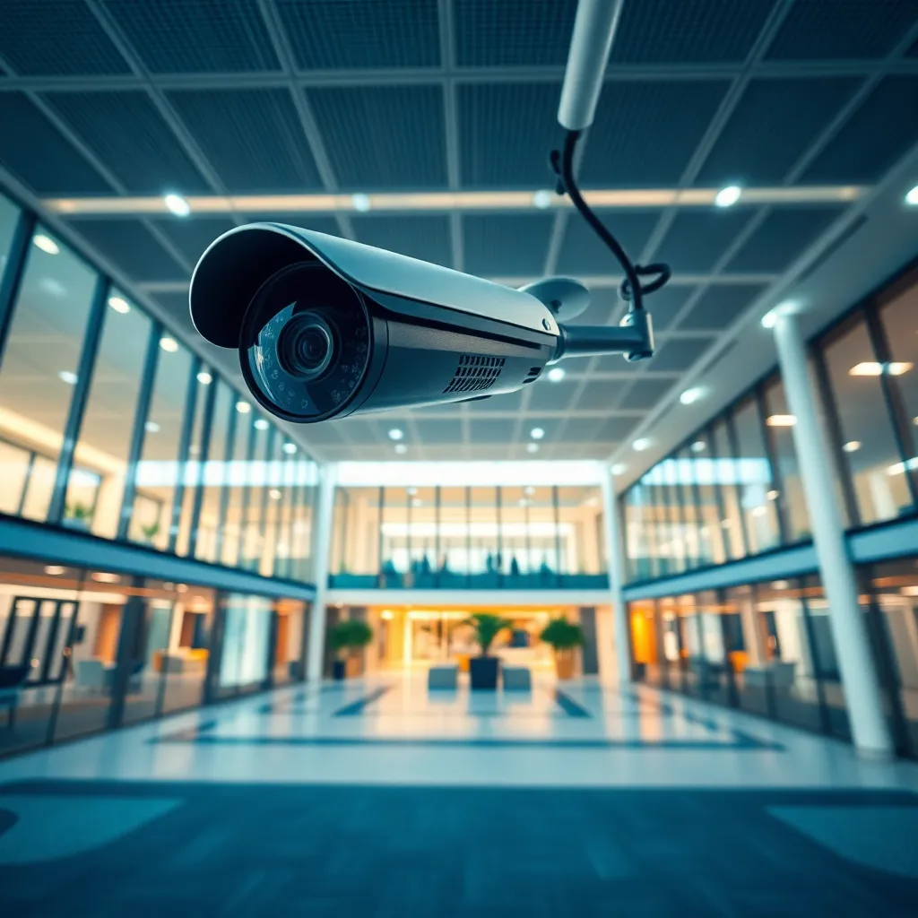 Sistem CCTV di gedung perkantoran dengan kamera yang terpasang di berbagai sudut strategis