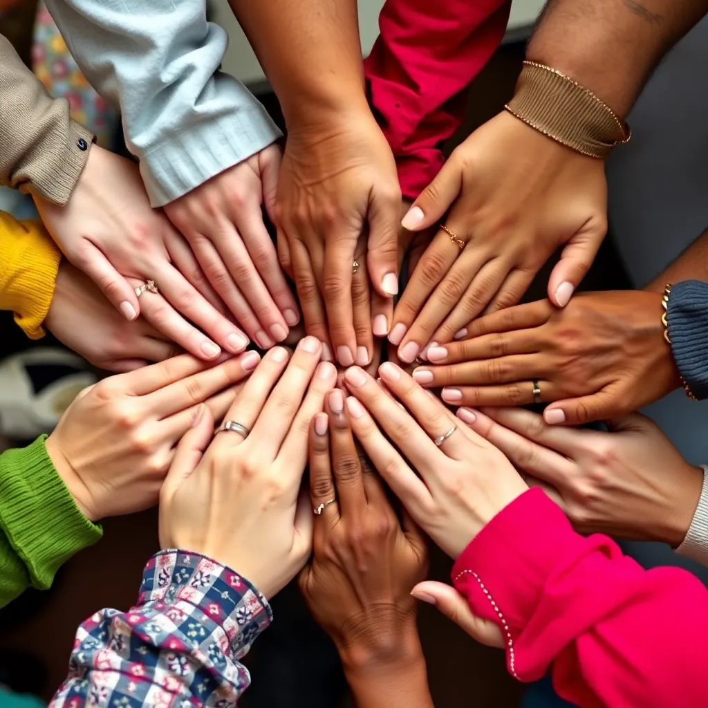 Diverse hands coming together in support and unity for people with disabilities
