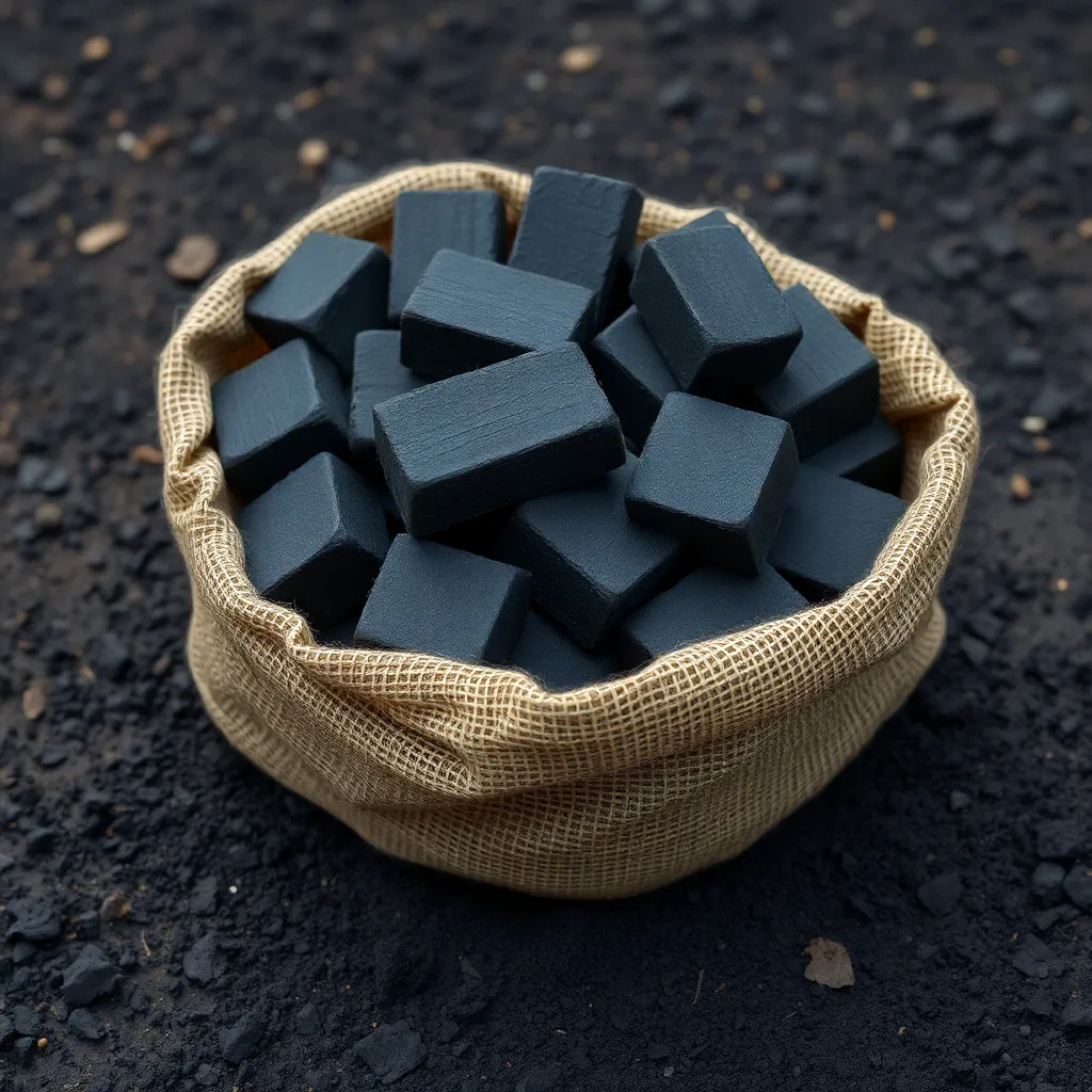 Hexagonal shaped charcoal briquettes in burlap sack resting on natural surface with charcoal dust
