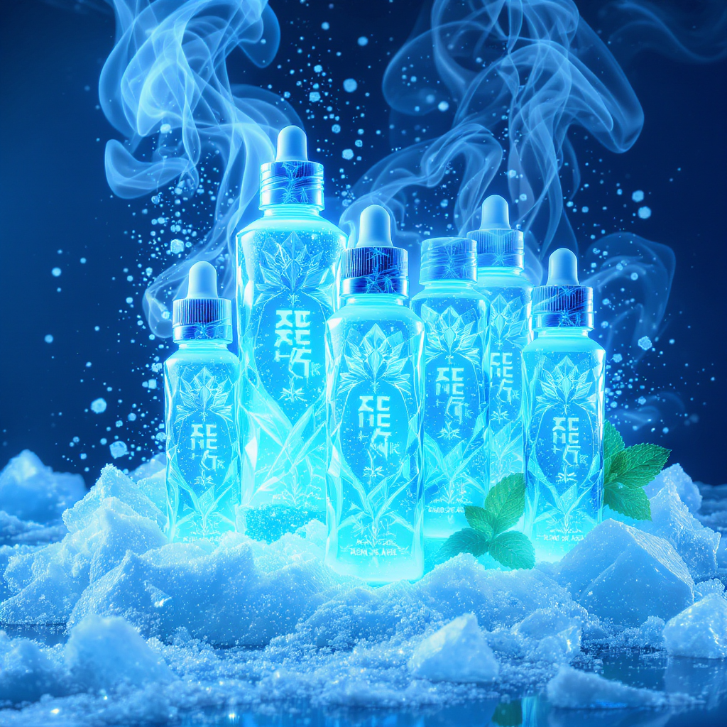 Icy cool menthol liquid range in frosted blue bottles with ice crystal designs and arctic themes, featuring cool blue LED lighting effects and refreshing mint vapor clouds