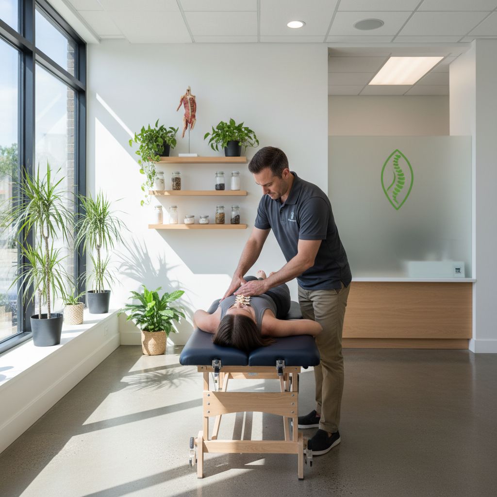 Professional chiropractor treating patient in modern clinic with natural lighting