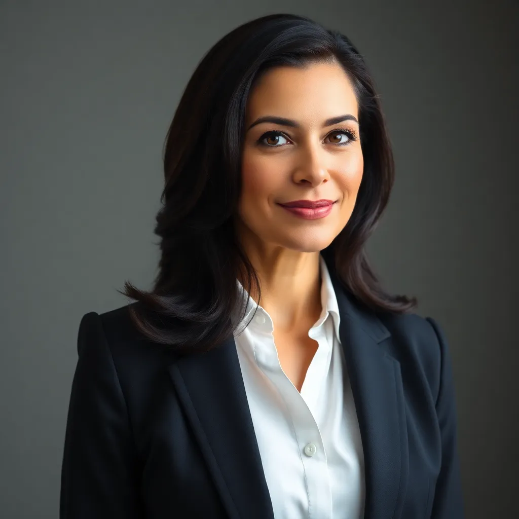Professional woman in her 40s with dark hair, wearing business attire, confident expression