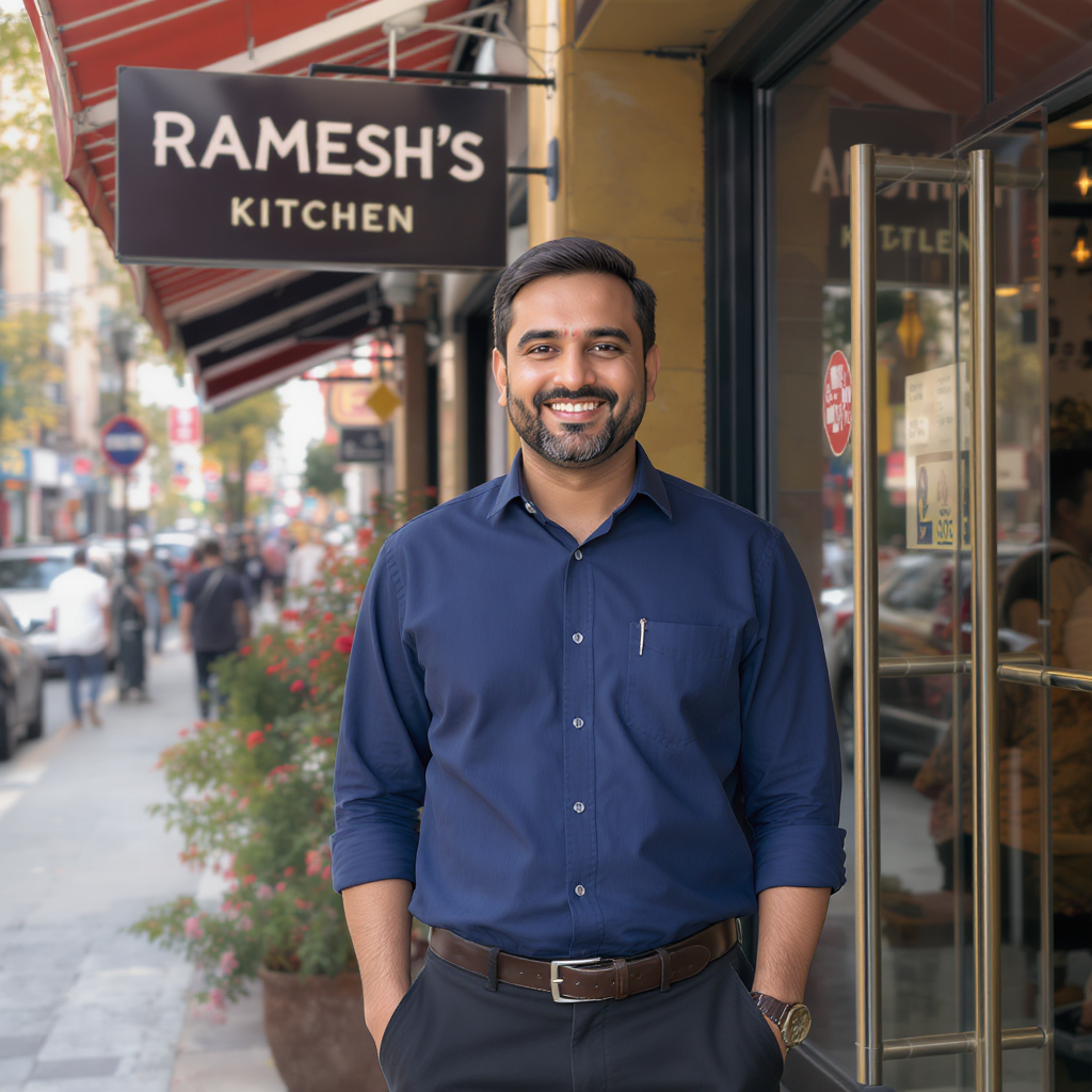 Portrait of Ramesh K, satisfied restaurant owner with digital marketing success