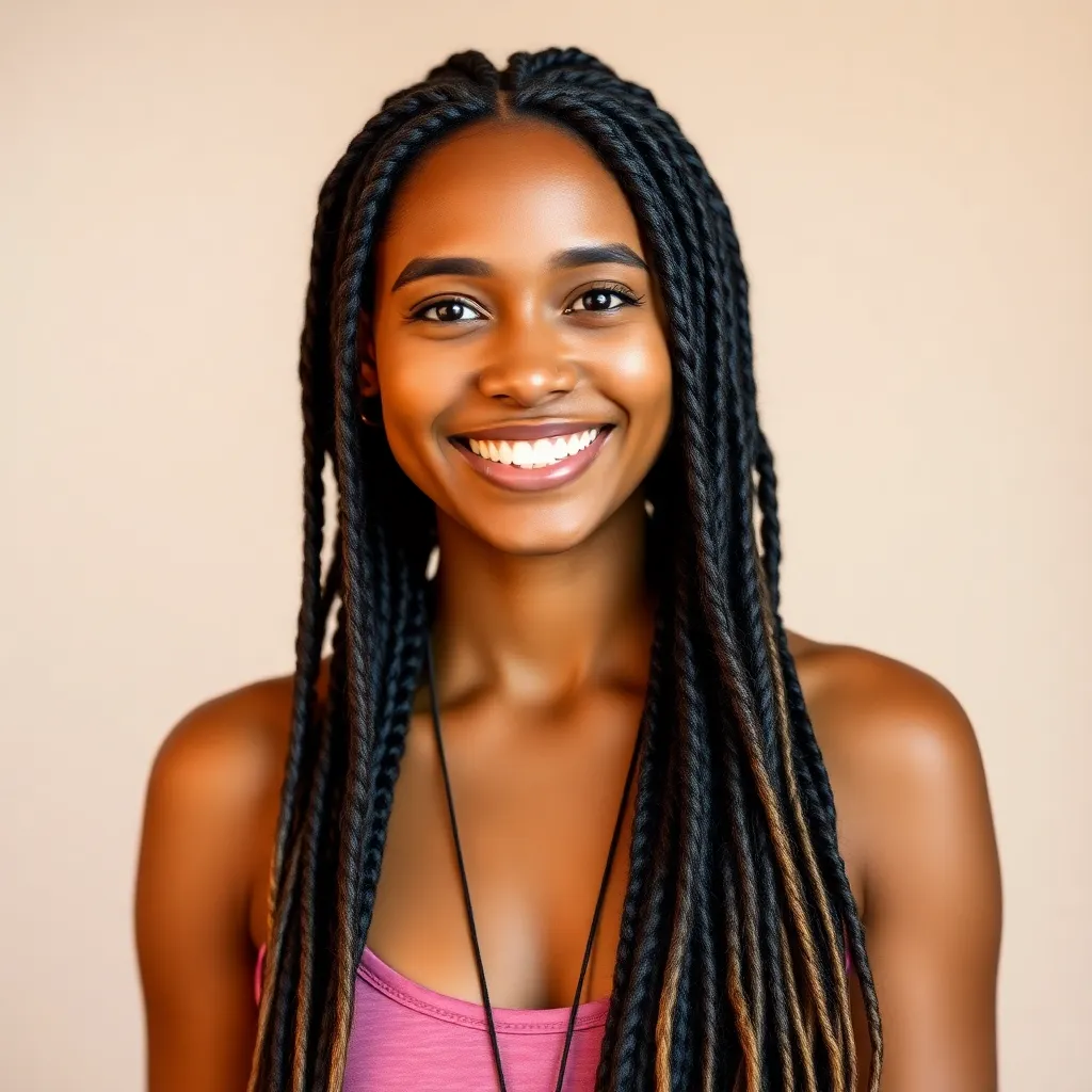 Portrait of Aisha K., 32-year-old yoga instructor with long braids smiling warmly