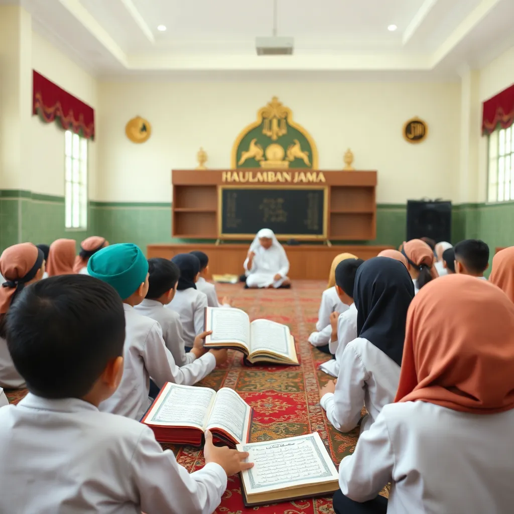 Lomba karya dan hafalan Quran para siswa di aula sekolah dengan panggung dan dekorasi islami