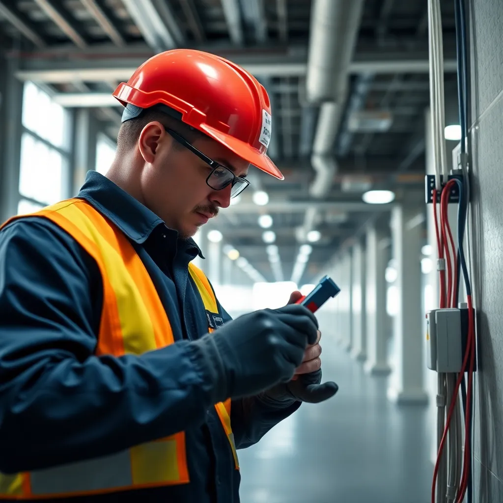 Professional electrician using multimeter to test circuit integrity in a commercial building