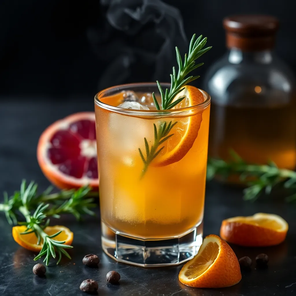 Smoky Rosemary Collins mocktail with rosemary sprig and citrus peel in rocks glass