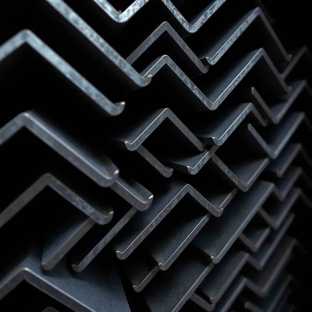 Close up of stacked steel angles arranged in zig-zag pattern with dark background
