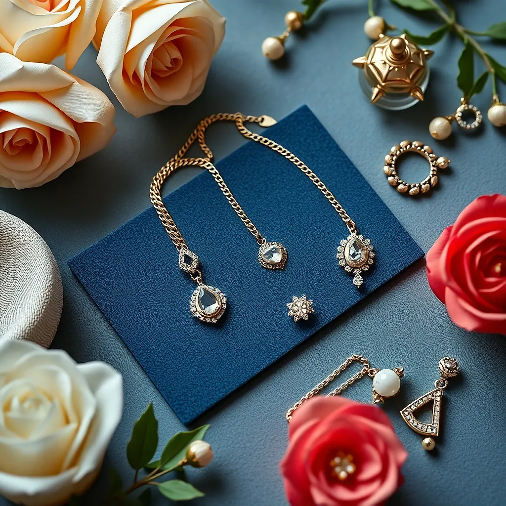 Product flat lay with jewelry and elegant props, professional lighting showcasing details