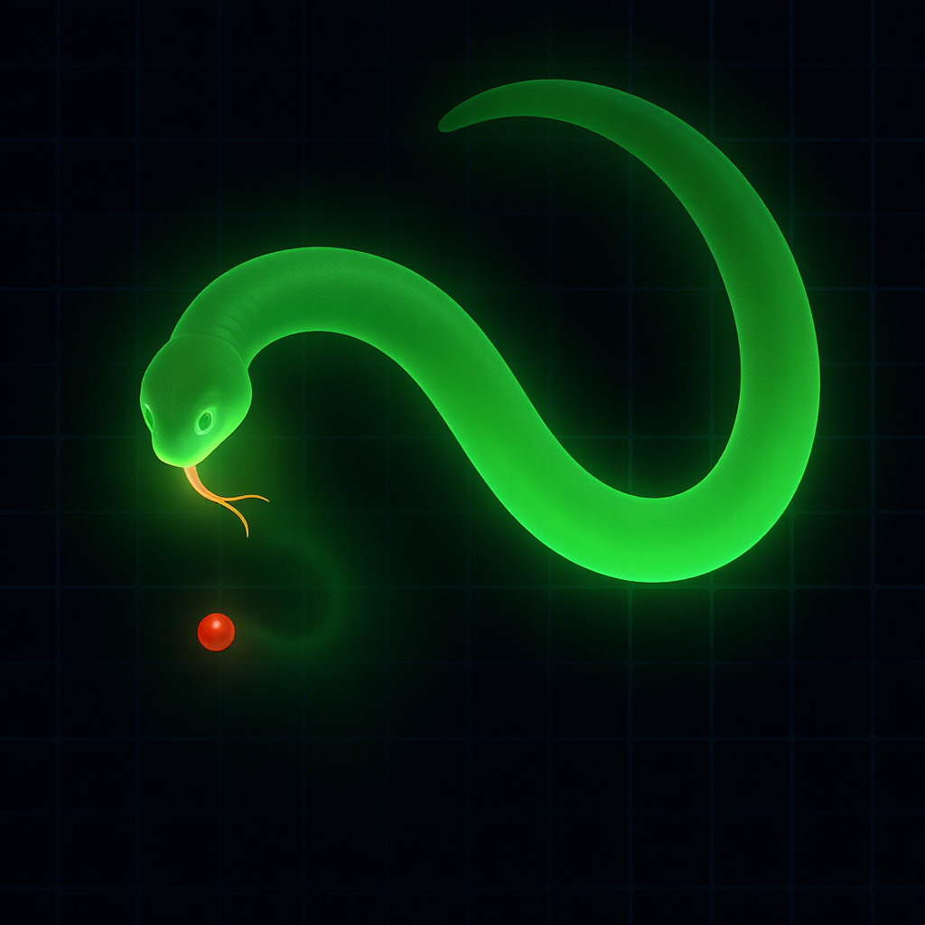 Classic snake game with glowing green snake eating red food on dark grid background