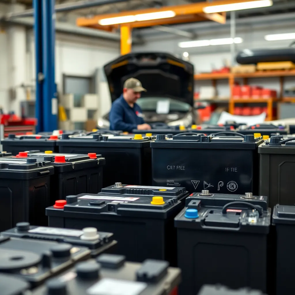 Various car batteries arranged neatly in an auto shop with professional technician in background
