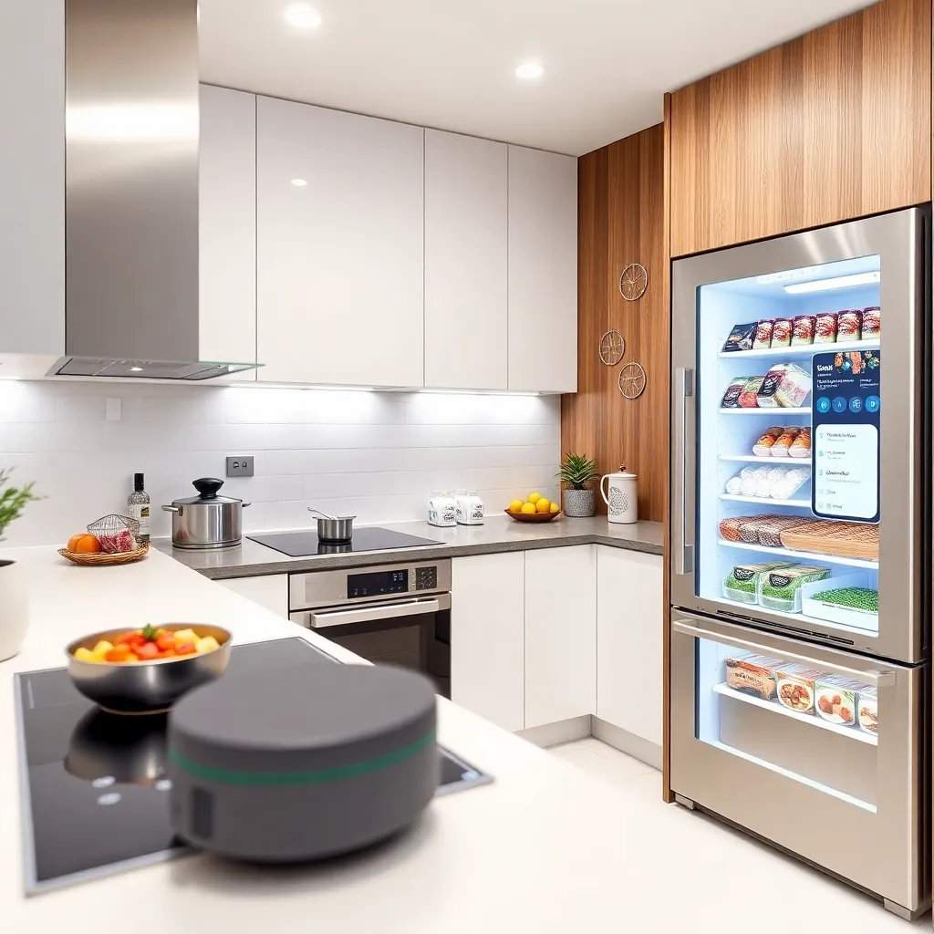 Modern smart kitchen setup with touchscreen appliances, automated cooking devices, and smart refrigerator with inventory management display