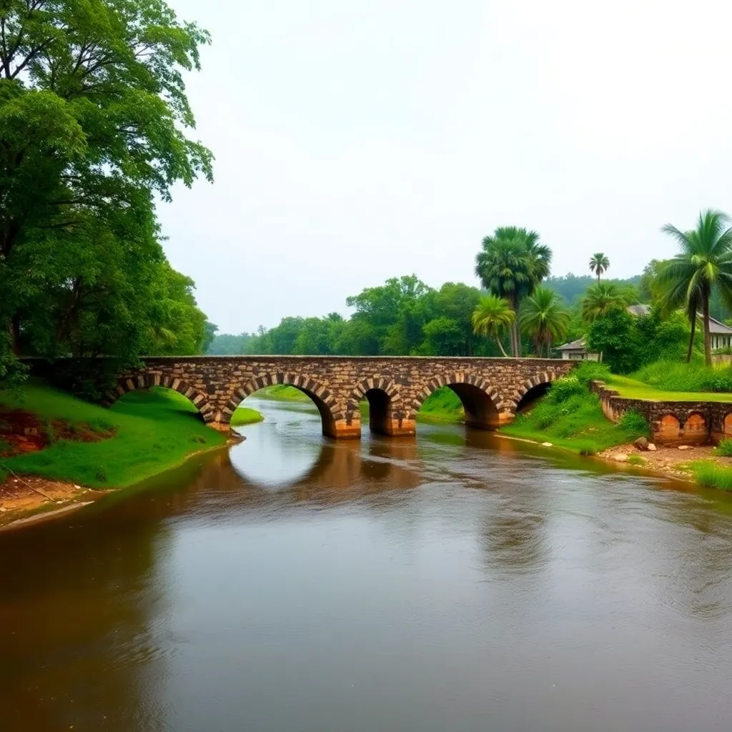 Long stone bridge over a river with lush green surroundings in Purulia countryside