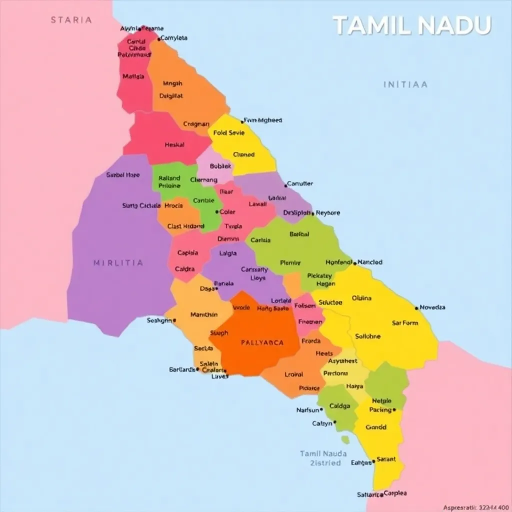 Detailed, colorful political map of Tamil Nadu showing district boundaries and names with vibrant color distinctions and clean labeling