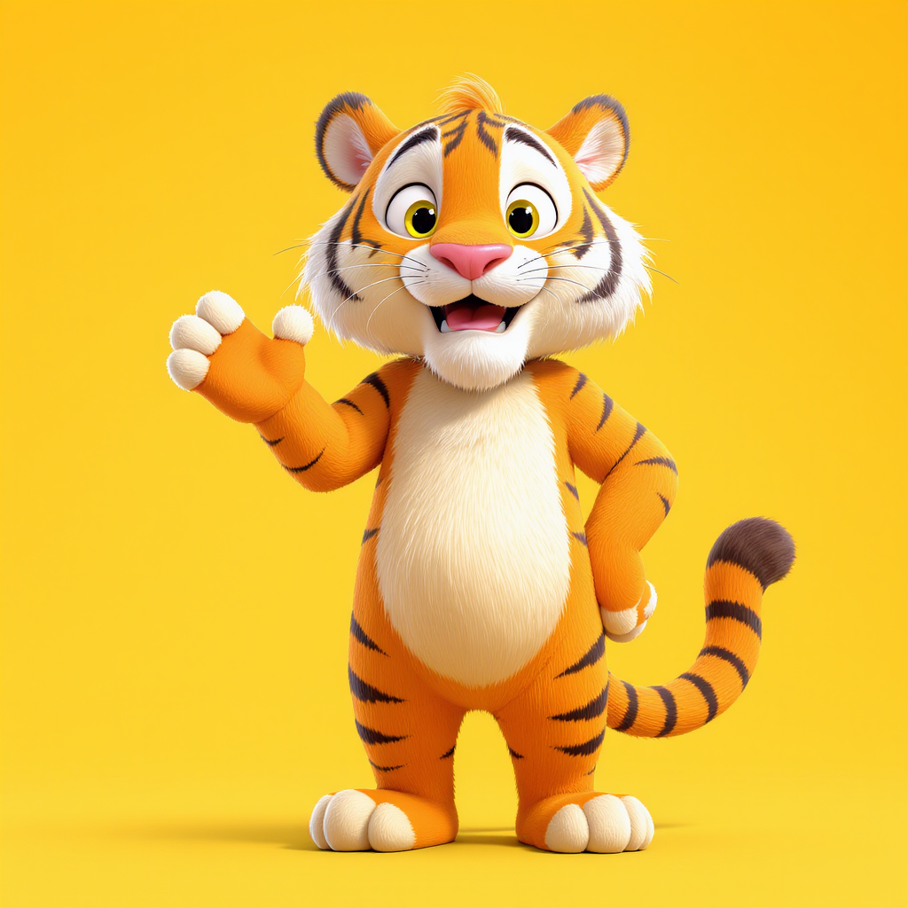 Large 3D cartoon tiger character standing upright with friendly expression, orange and black stripes, white belly, waving gesture, full body view on yellow background
