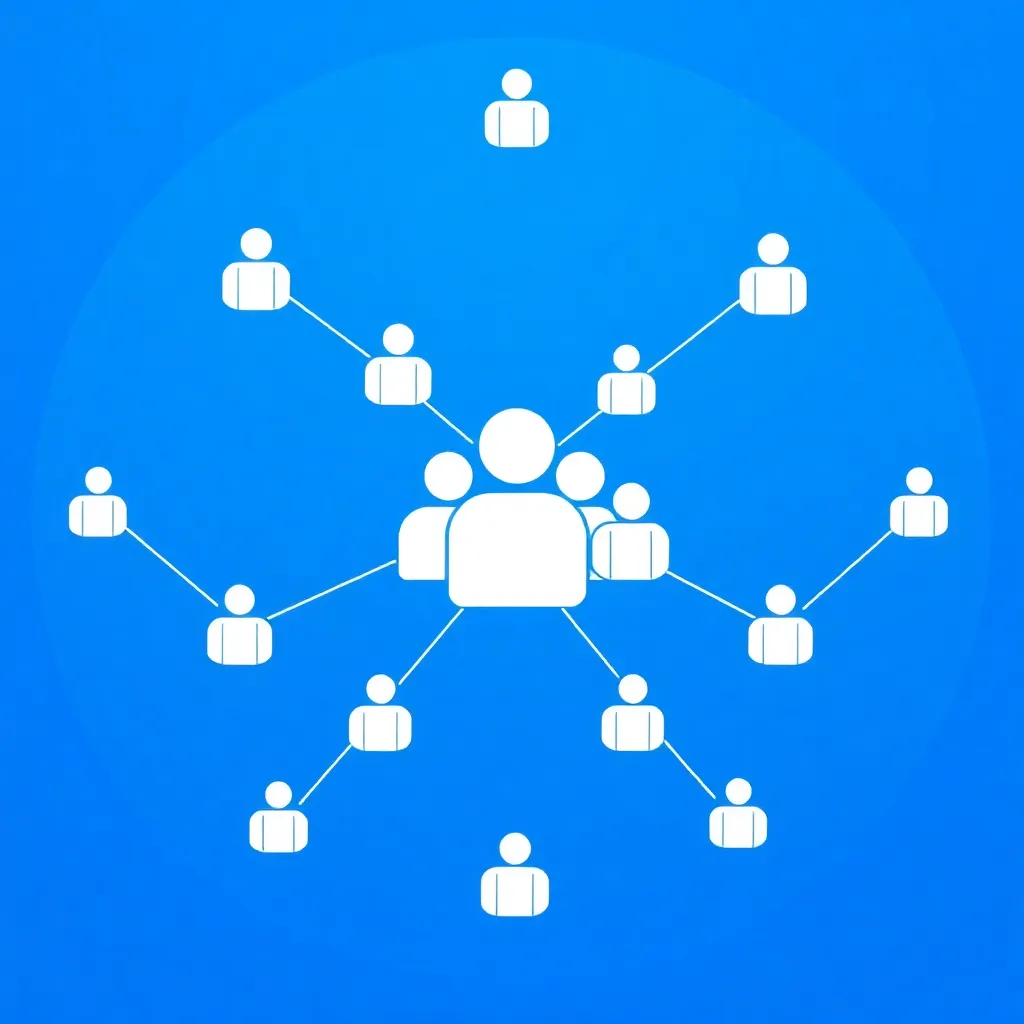 Network of people icon in white on blue circular background