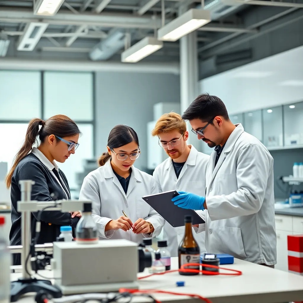 Group of engineering students working together in a modern laboratory setting at UNITAL