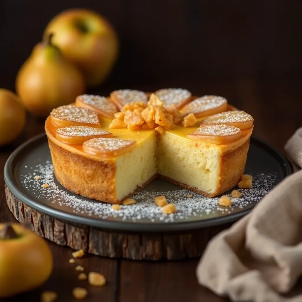 Trocito de tarta de manzana con canela y crujiente de azúcar amarillo