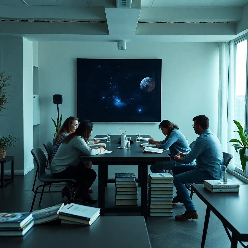 Equipe da Cosmic Editions em reunião criativa em escritório moderno com prateleiras de livros