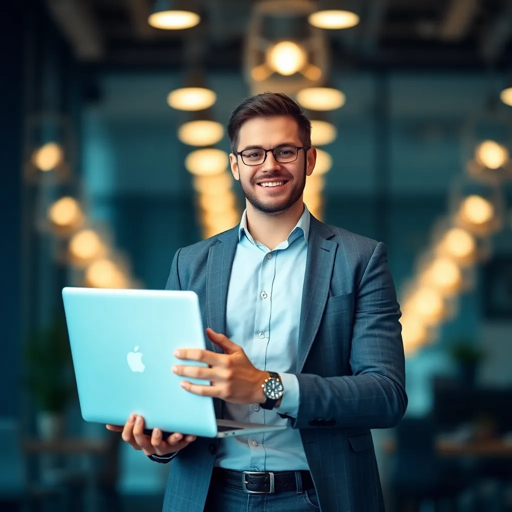 Professional freelancer standing confidently with laptop and smiling, modern office background with blurred lights