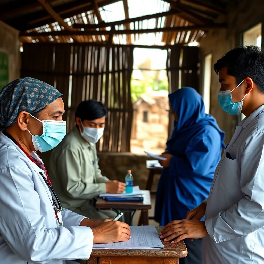 Medical professionals providing health check-ups in a rural village clinic