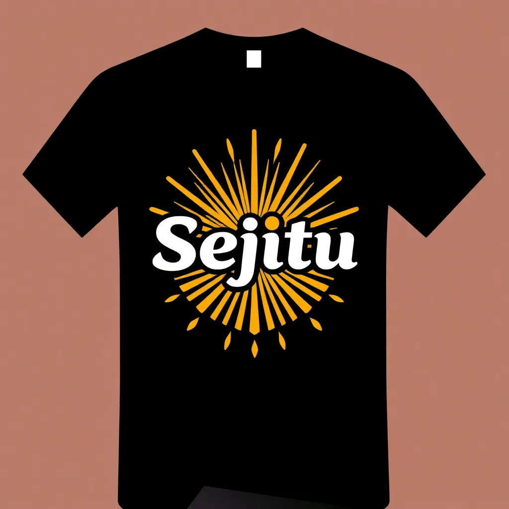 Ilustrasi merchandise kaos resmi Sejitu dengan desain grafis slot gacor yang mencolok, warna hitam dengan logo emas berkilauan di depan, cocok untuk pria dan wanita