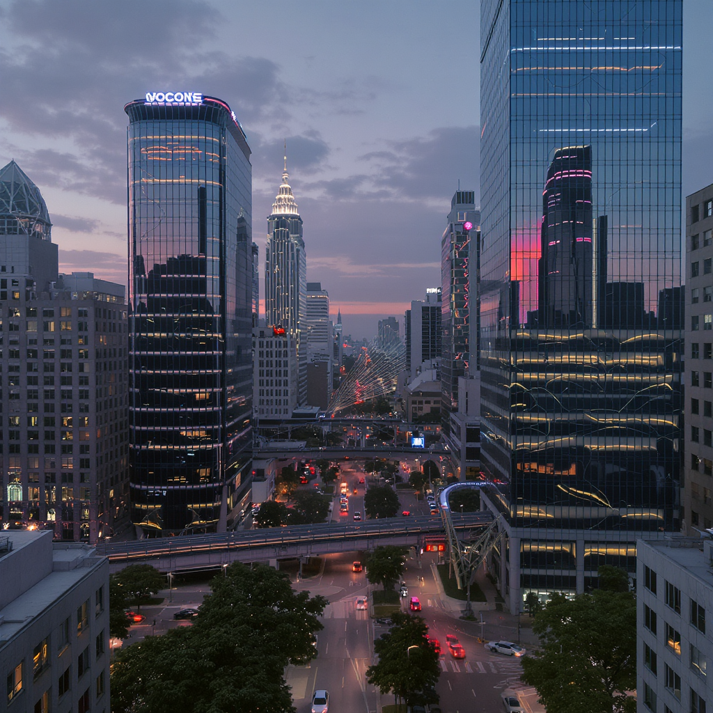 Interactive 3D demo screenshot showing a photorealistic cityscape rendered with Gaussian Splatting, featuring detailed buildings, cars, and lighting effects at dusk in a modern urban environment