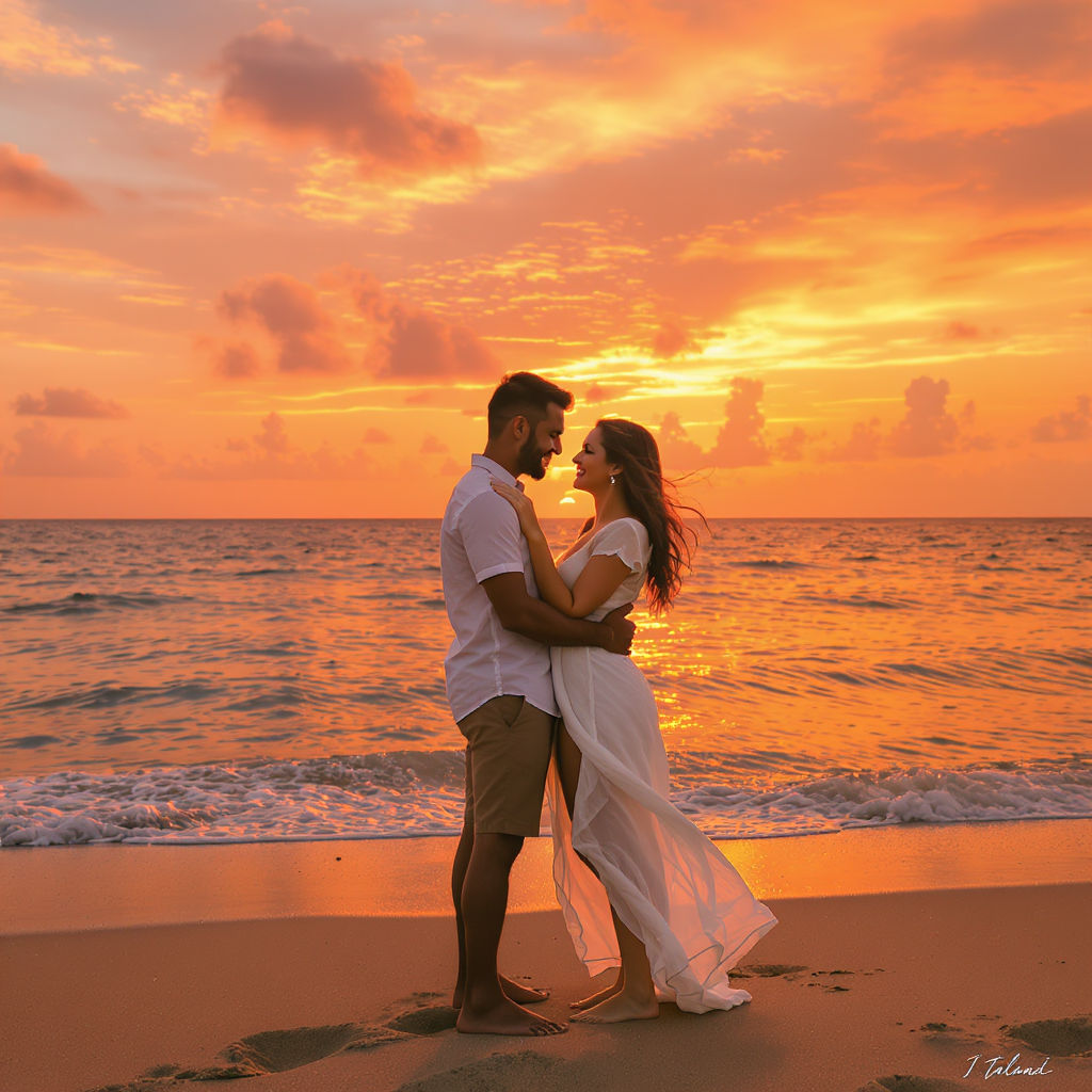 Romantic young couple embracing and smiling during their honeymoon in Thailand with tropical sunset background