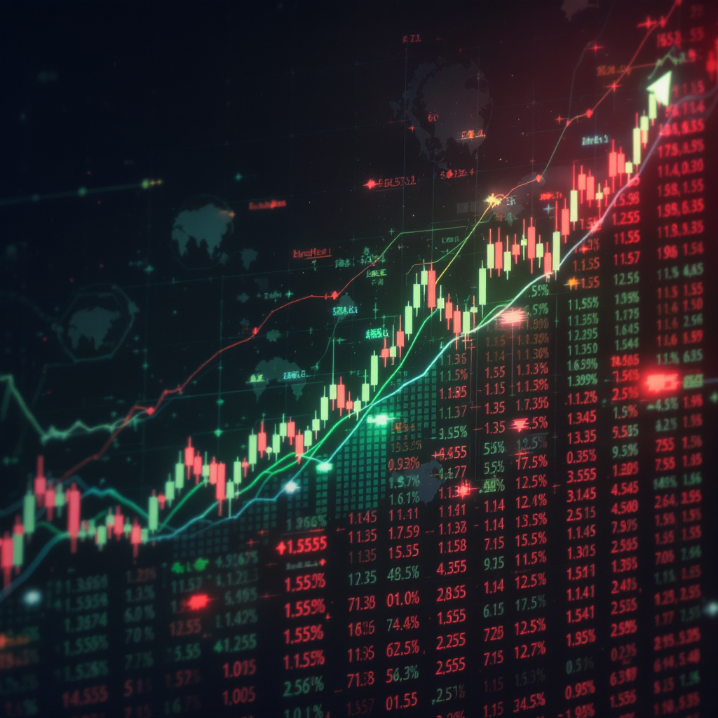 A dynamic stock market visualization with rising graphs, financial charts, bull and bear symbols, and global stock tickers in a professional, minimalist style with green and red color schemes